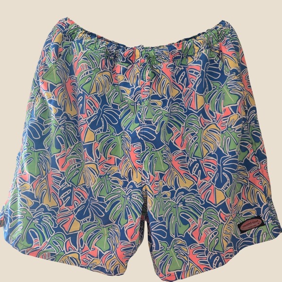 Vineyard Vines Other - Vineyard Vines Mens Tropical Monstera Leaf Print Swim Trunks Blue Pink Green XL